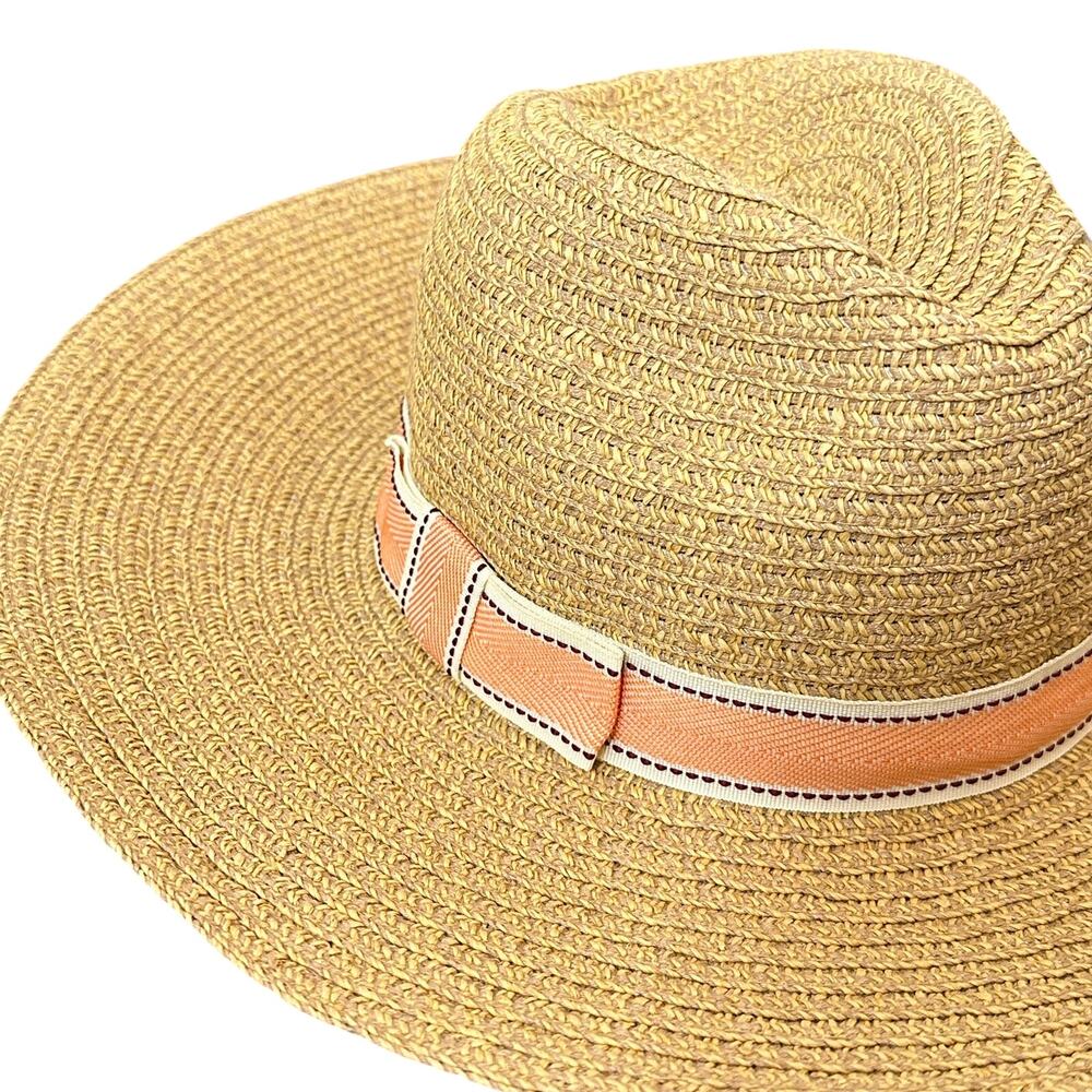 Anthropologie Brighton Beach Rancher Straw Hat Paper Tan Orange Ribbon Bow - Picture 10 of 10